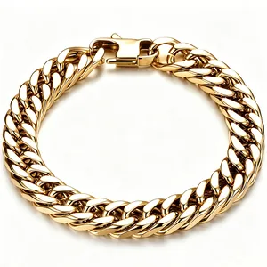 Close-up of gold double woven Cuban link bracelet in high polished stainless steel