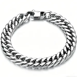 Macro view of a double-weave stainless steel Cuban link bracelet for men and women