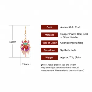 Detail view of national style koi fish earrings with dimensions and material specs