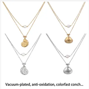 Various styles of double-layered titanium steel necklaces with conch and shell charms