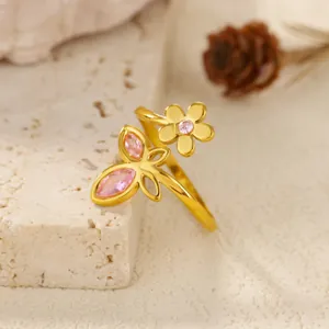 Elegant gold-plated stainless steel open ring with pink zircon flower and heart charms