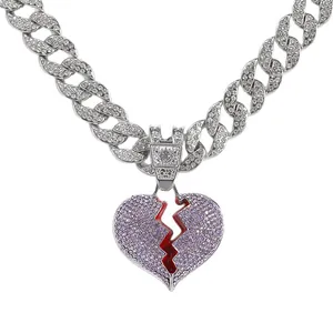 Hip-hop style 15mm cuban link chain with iced out purple broken heart pendant necklace