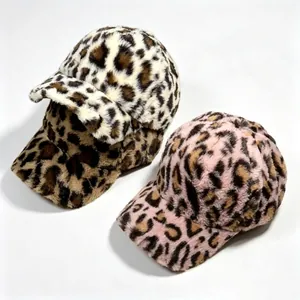 Women Leopard Print Faux Fur Baseball Cap Winter Warm Thickened Plush Fashion Outdoor Adjustable Curved Brim Hat Accessories