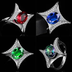 Vintage Luxury Star Adjustable Open Ring Oval Sapphire Ruby Emerald Zirconia Copper Ring For Women Party Jewelry Gift