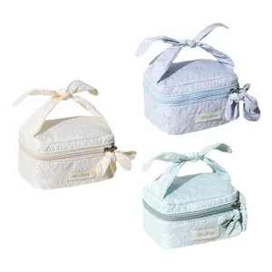 Korean floral embossed cosmetic bag with sweet bow handle in pastel colors