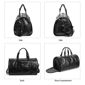 Multi-angle views of a black PU leather travel bag with a shoe compartment detail.