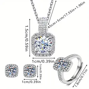 Elegantes Luxus-Schmuckset mit quadratischem Halo Halskette Ohrringe Ring Maße