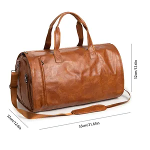 Brown leather travel duffel bag with dimension markings: 55cm length and 32cm height
