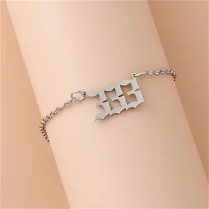 Close-up detail of silver stainless steel bracelet featuring gothic angel number 33 pendant