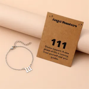 Close-up detail of a minimalist stainless steel Angel Number 111 bracelet with card