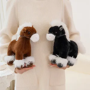 Detail showing texture of brown and black plush horse toys with fluffy white manes.
