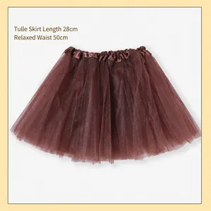 Detail view of coffee brown tulle tutu skirt with 28cm length and elastic waistband