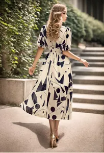 Rear view of an elegant printed midi dress with geometric patterns on outdoor stairs