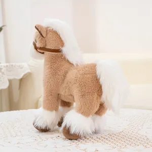 Detailed side view of a realistic brown plush horse toy with white faux fur mane