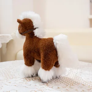 Side view of a realistic brown horse plush toy with fluffy white mane and long tail
