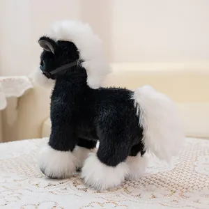 Realistic black and white horse plush toy showing soft white mane and tail details