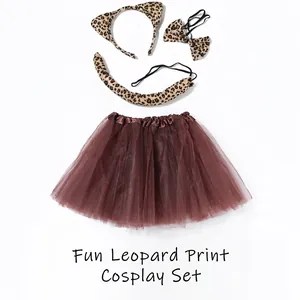 Halloween Leopard Cat Ears Headband Bow Tie Tail Tutu Skirt Set Animal Costume Cosplay Props Party Decoration For Unisex