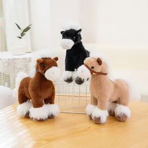 Detailed display of three realistic plush horse toys in brown, black, and tan colors