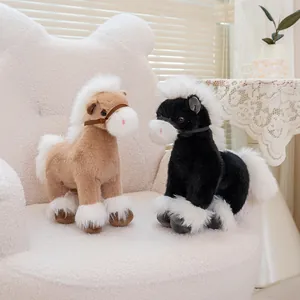 Soft simulation pony plush dolls in brown and black sitting on a fuzzy chair