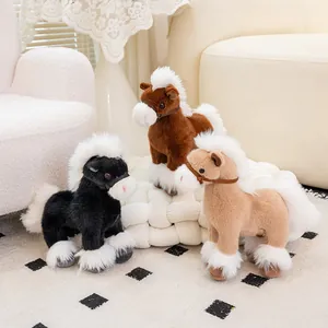Trio of soft plush horse toys in black, brown and tan colors with fluffy white manes