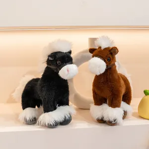 Realistic plush horse toys in black and brown featuring fluffy white manes and tails