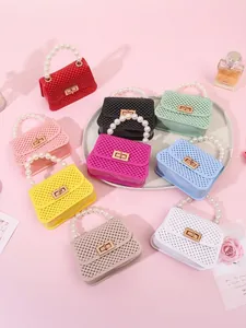 Bolso de Mano Mini Jelly para Mujer Colores Caramelo Con Asa de Perla Artificial Moda Patrón de Rombos Bolso Bandolera de PVC Cadena de Metal