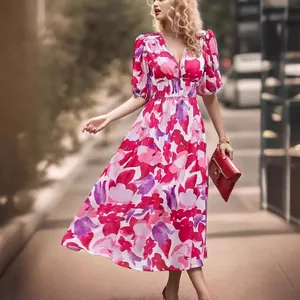Elegant summer V-neck floral print maxi dress with cinched waist and puff sleeves for women