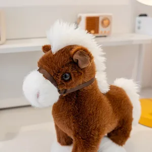 Close-up detail of a brown and white realistic pony plush toy featuring a fluffy mane