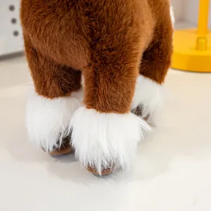Close-up detail of the soft brown and white plush fur on the simulation horse toy