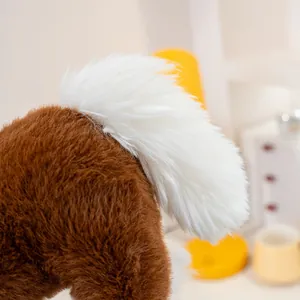 Detailed view of the soft white fluffy tail and brown faux fur of the plush horse toy.