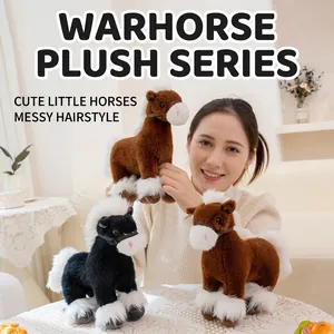Realistic war horse plush toy collection held by a model in a warm home setting.