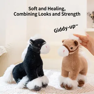 Close-up of two realistic plush horse dolls in black and tan with soft white fur