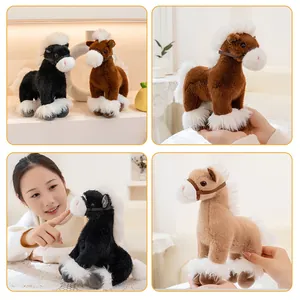 Detailed view of realistic horse plush toys in black, brown, and beige color options.