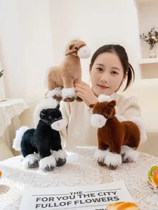 Detailed view of three colorful simulation plush horse toys held by a model.