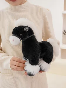 Detailed view of a realistic black and white horse plush toy with soft fluffy fur