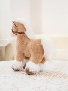 Detailed side view of a soft brown and white pony plush doll on a white lace background