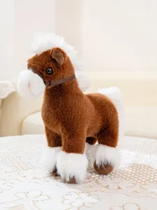 Detailed view of a realistic brown and white plush horse toy on a lace table