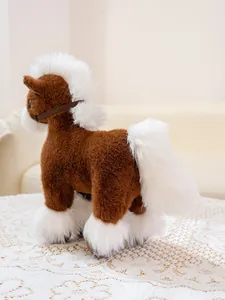 Detailed view of a brown plush horse toy featuring soft white mane and fluffy tail