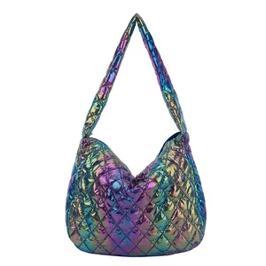 Large iridescent quilted shoulder bag made of space cotton with holographic finish