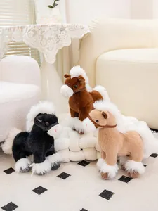 Three realistic plush horse toys in black, brown, and tan standing in a cozy home setting