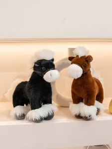 Detailed view of two simulation plush horse dolls in black and brown with fluffy white manes