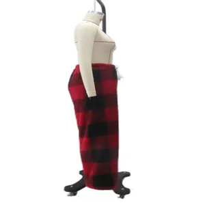 Side profile detail of red and black buffalo plaid fleece warm lounge pants for winter