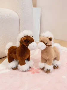 Side-by-side view of brown and tan realistic plush horse toys with white fluffy hair.