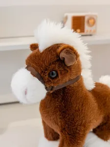 Detailed view of a soft brown and white plush horse toy featuring realistic fur texture