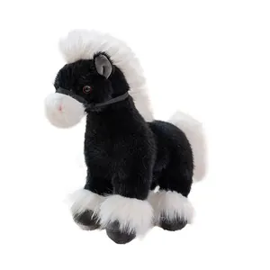 Soft realistic black and white plush horse toy with long white mane and fluffy hooves