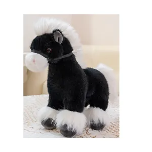 Realistic black and white plush horse toy with soft mane and tail details