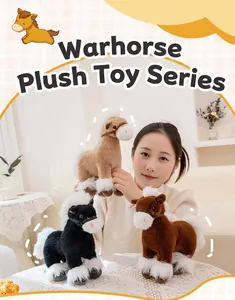 Set of realistic war horse plush toys in three colors shown with an Asian model