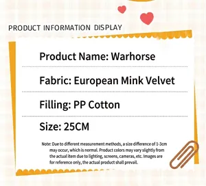 Warhorse plush toy specification details including mink velvet and PP cotton filling.