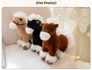 Close-up detail of three different colored simulation horse plush toys, 25cm size.