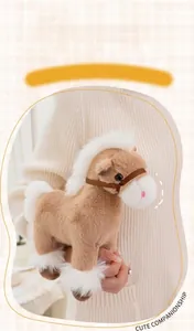 Detailed shot of a realistic brown and white horse plush toy mascot being held